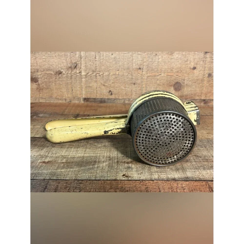Vintage Potato Ricer Masher Juicer Strainer Metal Hinged Press Yellow Handheld